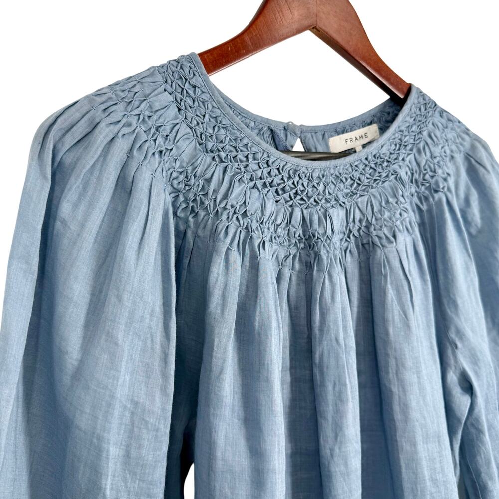 FRAME Womens Sz Small Blue Modern Victorian Smocked Blouse Shirt Top - Picture 2 of 8